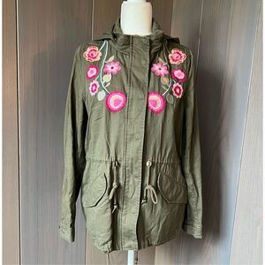 Bagatelle Olive Utility Jacket with Pink Floral Embroidery